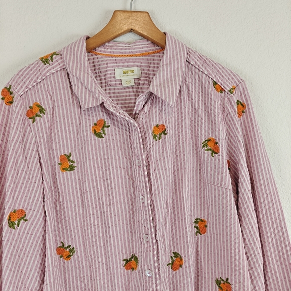 Anthropologie Maeve Embroidered Button down Shirt In Assorted Fruit Striped LG - Picture 5 of 15